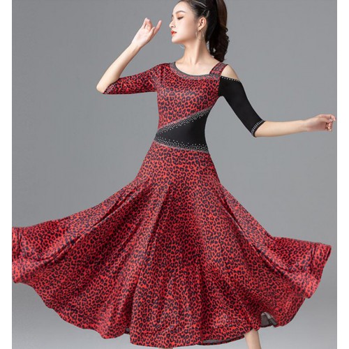 Red Leopard Modern Ballroom dance dress for women standard waltz social competition waltz tango performance dress
